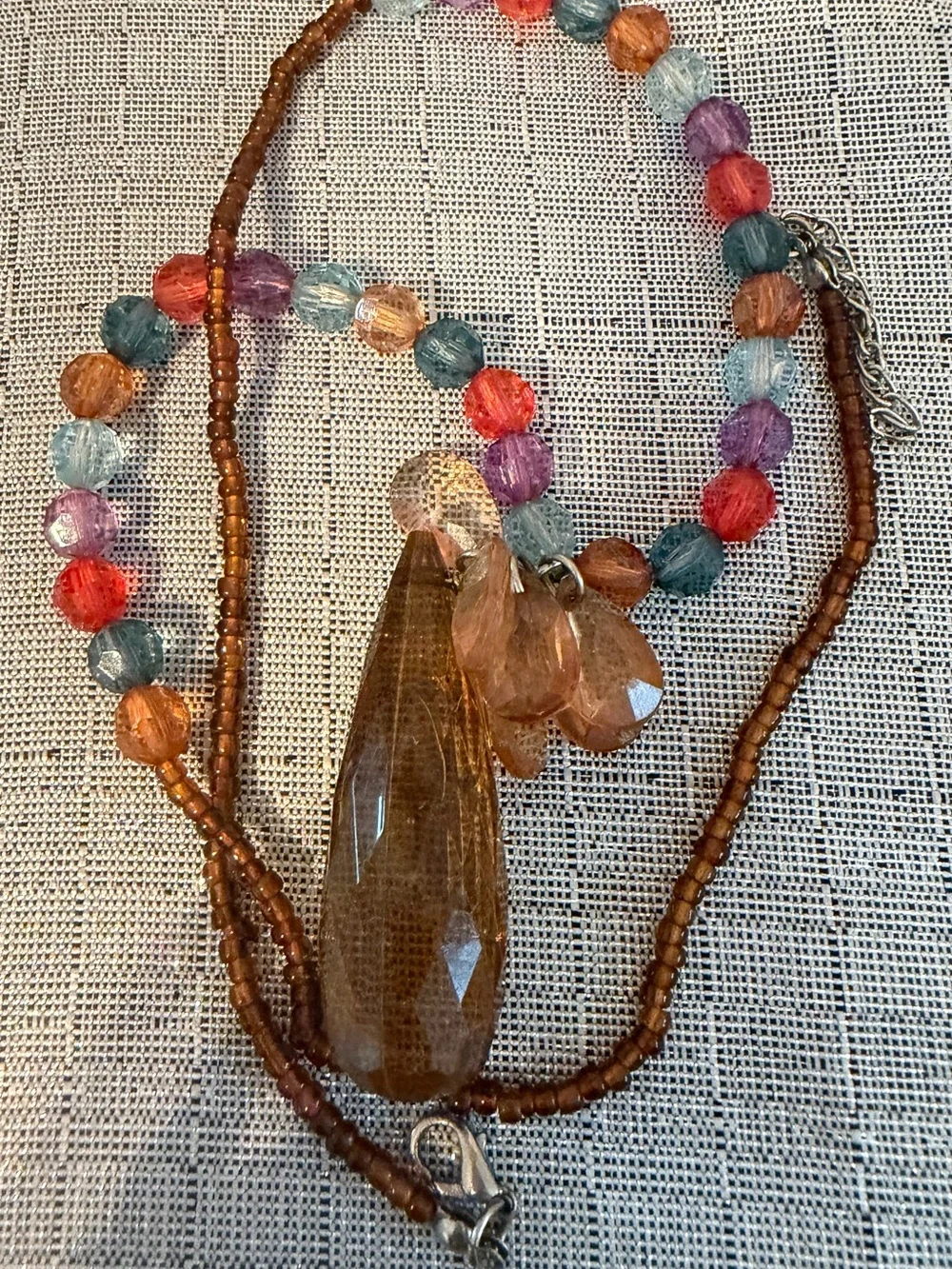 Multicolor Beaded Pendant Necklace - Amber, Red, Blue & Purple